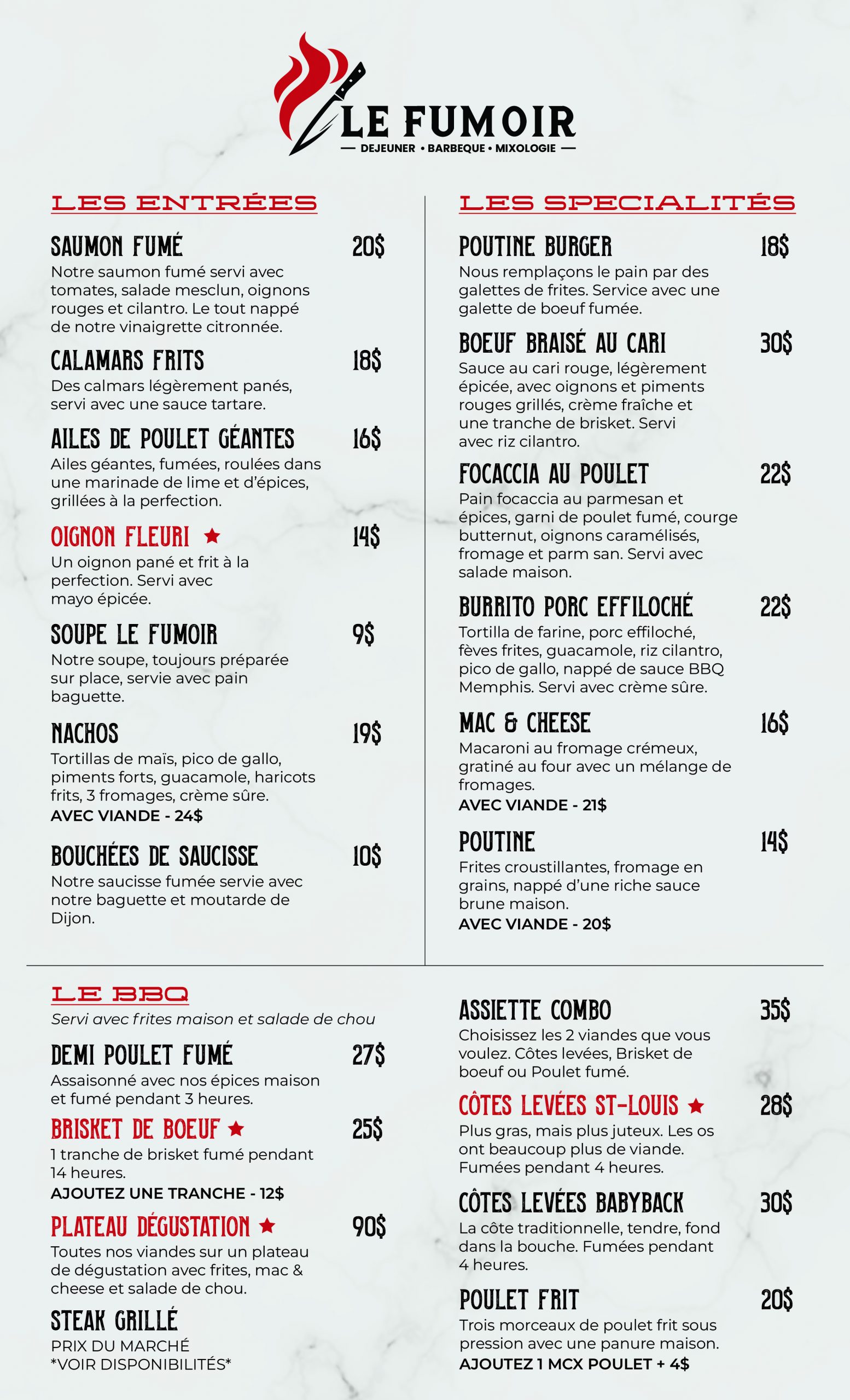 Le Fumoir Supper Menu in French Page 1