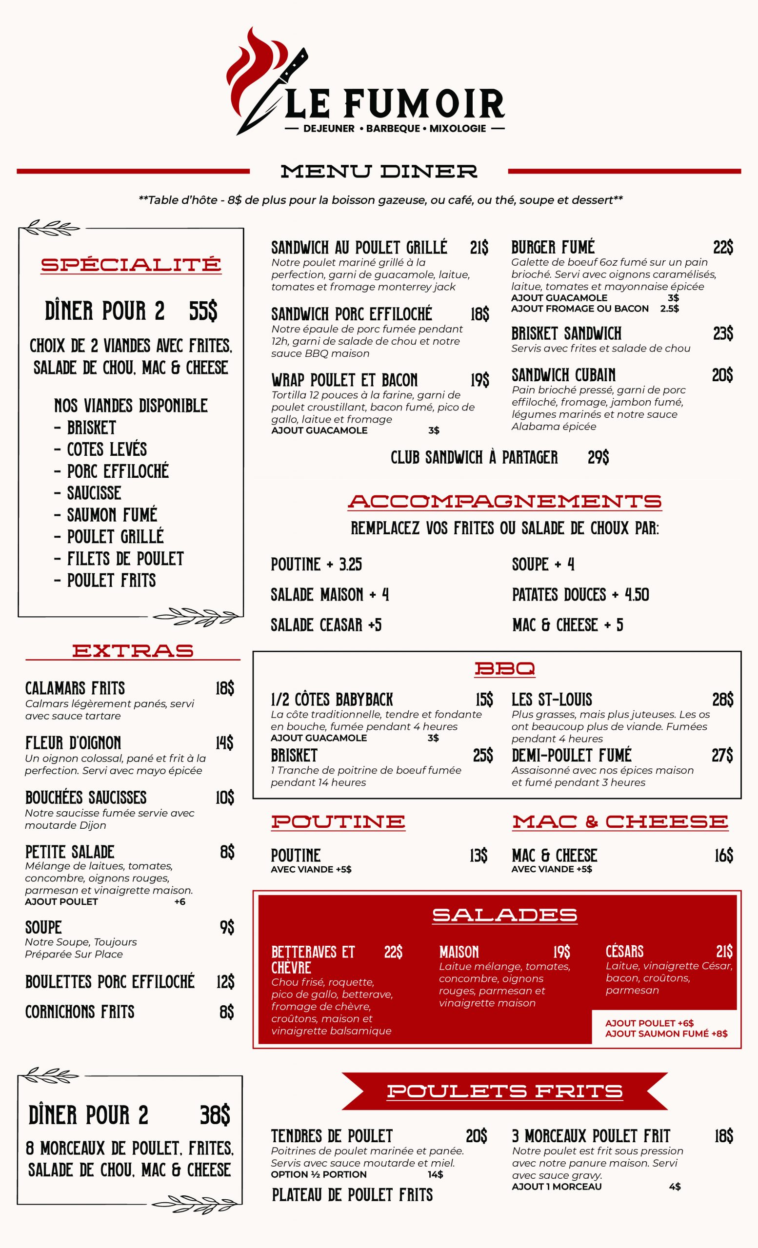 Le Fumoir Dîner Menu French